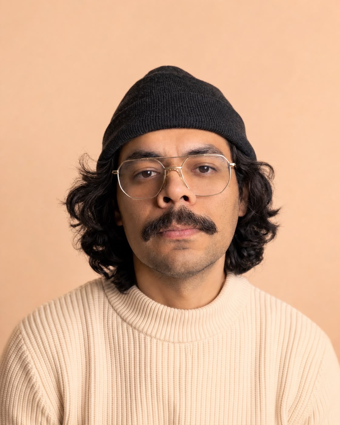 Retrato de Leymon con gorro negro, gafas y suéter crema.
